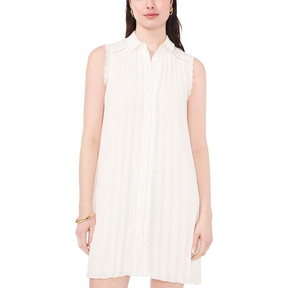 CeCe Women's Pleated Scallop-Trim Button-up Dress Ivory Size XL NWT - Picture 2 of 12